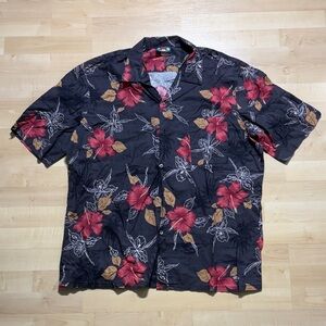Tropical Floral Men's Button Down Shirt - Black and Red